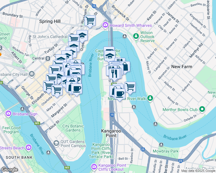 map of restaurants, bars, coffee shops, grocery stores, and more near 245 Main Street in Kangaroo Point