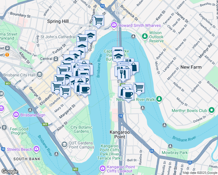 map of restaurants, bars, coffee shops, grocery stores, and more near 22 Bright Street in Kangaroo Point