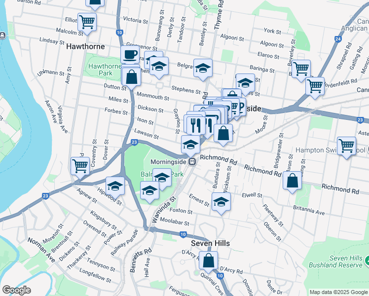 map of restaurants, bars, coffee shops, grocery stores, and more near 83 Lawson Street in Morningside