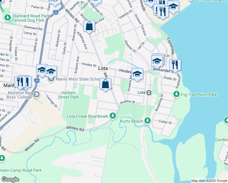 map of restaurants, bars, coffee shops, grocery stores, and more near 250 Whites Road in Lota