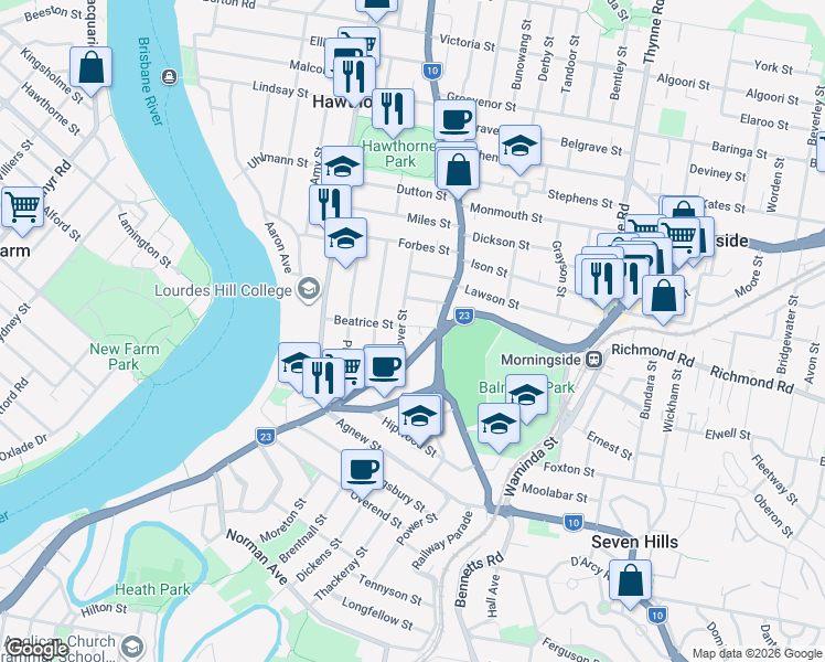 map of restaurants, bars, coffee shops, grocery stores, and more near 18 Beatrice Street in Hawthorne