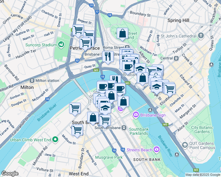 map of restaurants, bars, coffee shops, grocery stores, and more near 11 Montague Road in South Brisbane