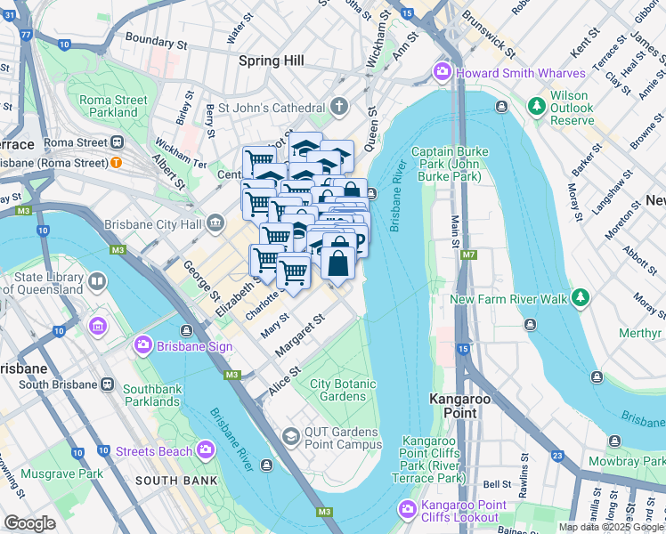 map of restaurants, bars, coffee shops, grocery stores, and more near 200 Mary Street in Brisbane City
