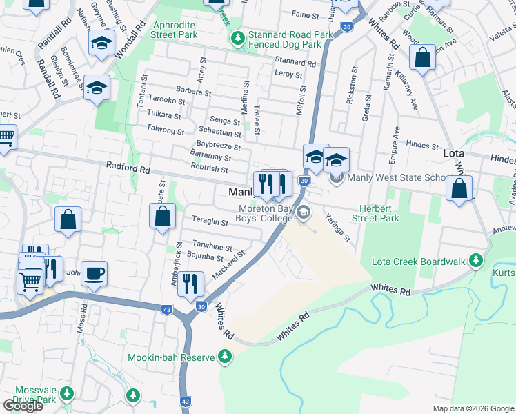 map of restaurants, bars, coffee shops, grocery stores, and more near 11 Trevally Crescent in Manly West
