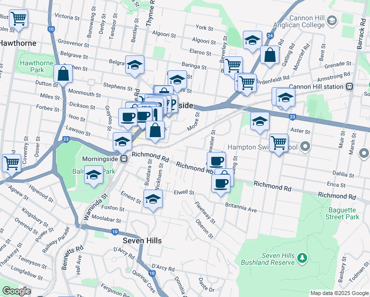 map of restaurants, bars, coffee shops, grocery stores, and more near 26 Ayr Street in Morningside