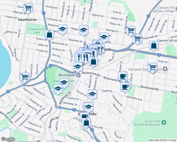 map of restaurants, bars, coffee shops, grocery stores, and more near 18 Richmond Road in Morningside