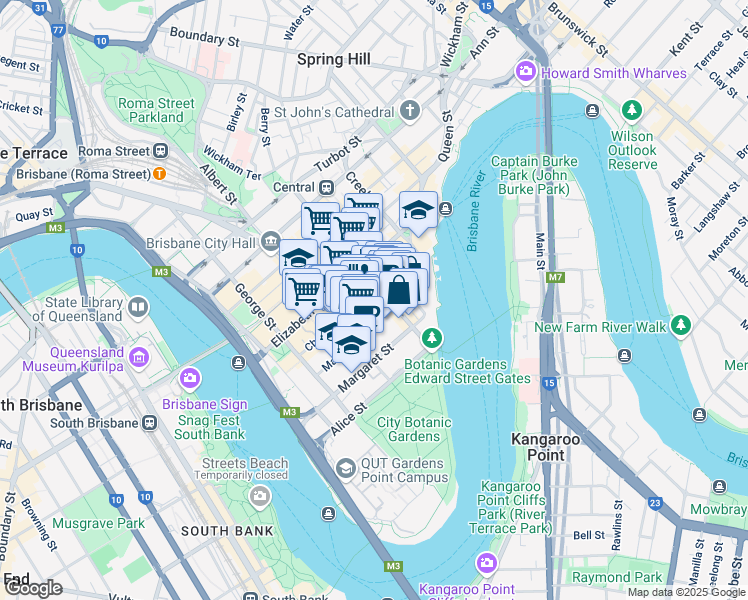 map of restaurants, bars, coffee shops, grocery stores, and more near 120 Edward Street in Brisbane