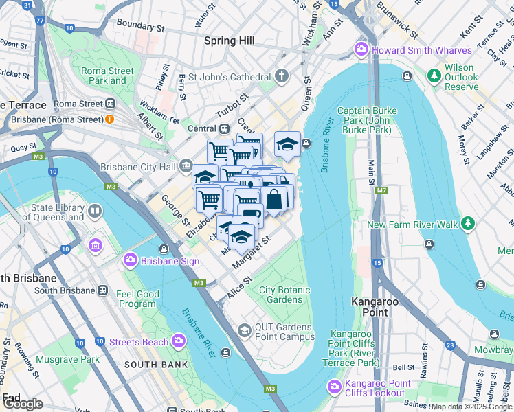map of restaurants, bars, coffee shops, grocery stores, and more near 120 Edward Street in Brisbane