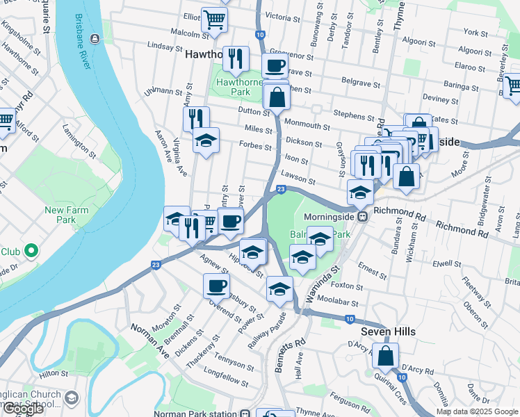 map of restaurants, bars, coffee shops, grocery stores, and more near 16 Balmoral Street in Hawthorne