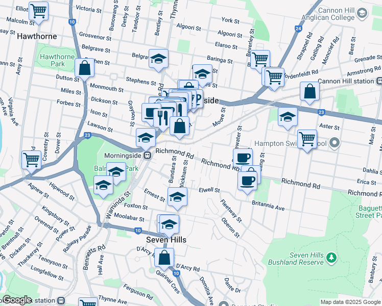 map of restaurants, bars, coffee shops, grocery stores, and more near 62 Richmond Road in Morningside