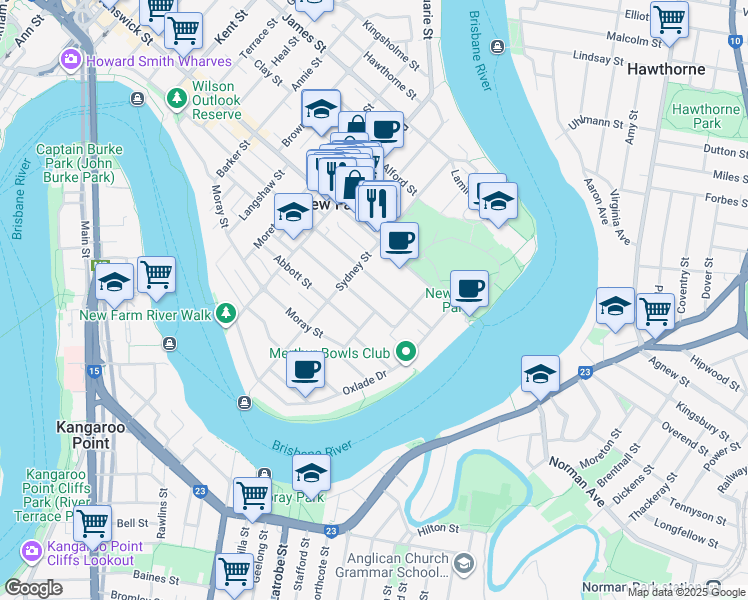 map of restaurants, bars, coffee shops, grocery stores, and more near 52 Mark Street in New Farm