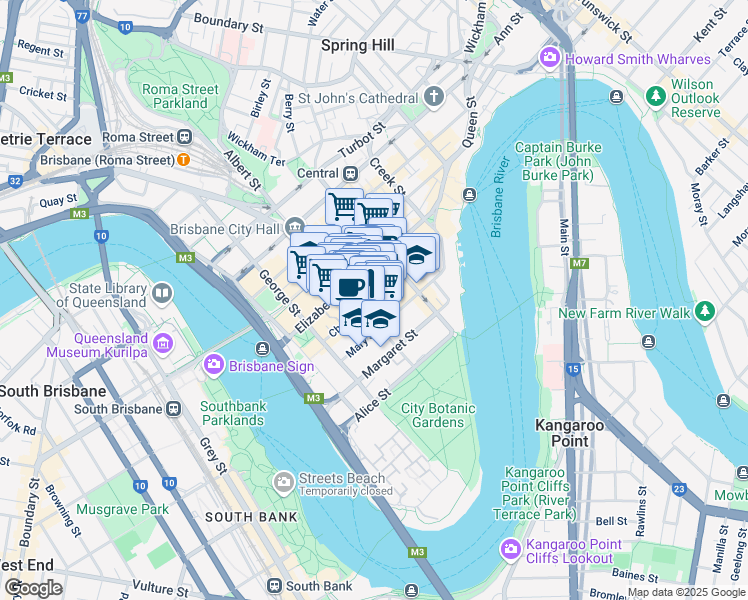 map of restaurants, bars, coffee shops, grocery stores, and more near 119 Charlotte Street in Brisbane City