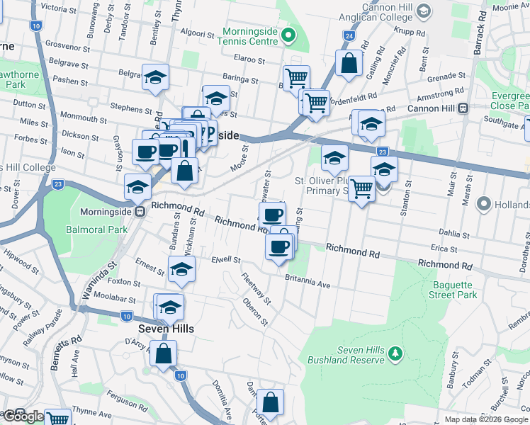 map of restaurants, bars, coffee shops, grocery stores, and more near 76 Bridgewater Street in Morningside