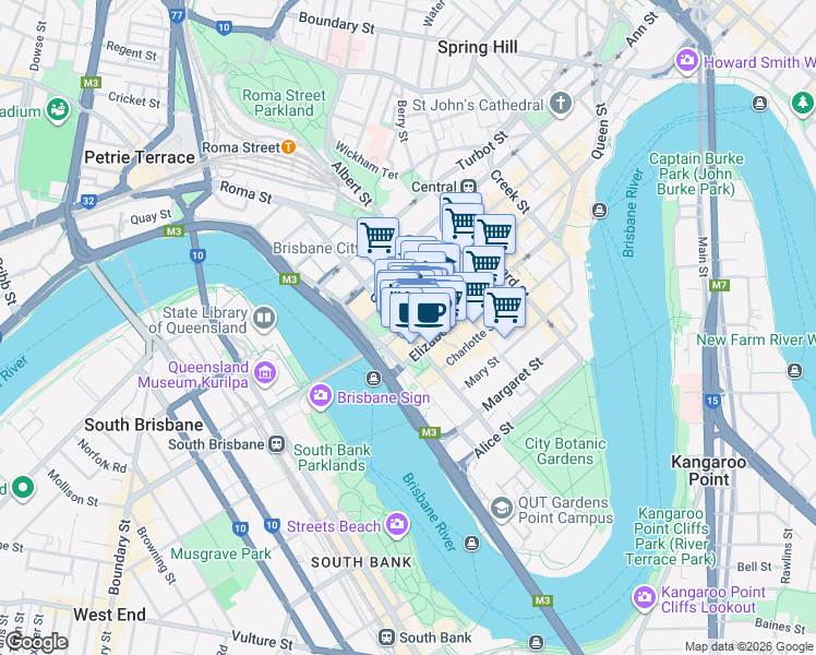 map of restaurants, bars, coffee shops, grocery stores, and more near 33 Queen Street in Brisbane City