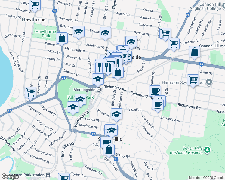 map of restaurants, bars, coffee shops, grocery stores, and more near 35 Richmond Road in Morningside