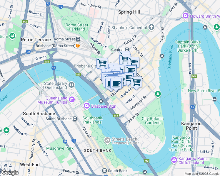 map of restaurants, bars, coffee shops, grocery stores, and more near 33 Queen Street in Brisbane City