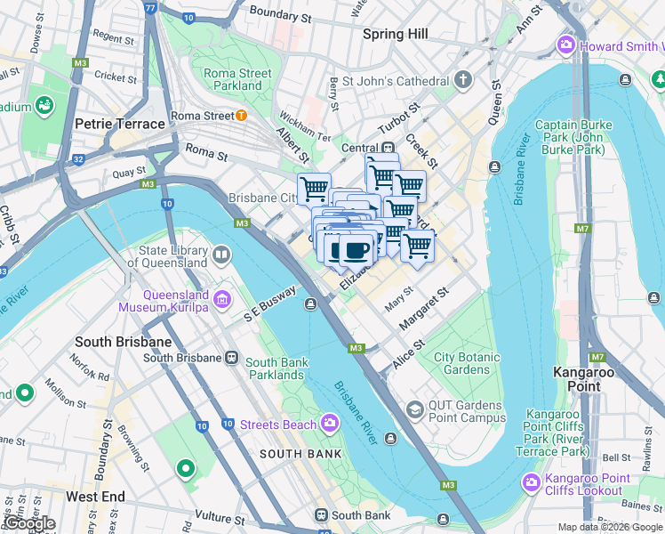 map of restaurants, bars, coffee shops, grocery stores, and more near Queen Street in Brisbane