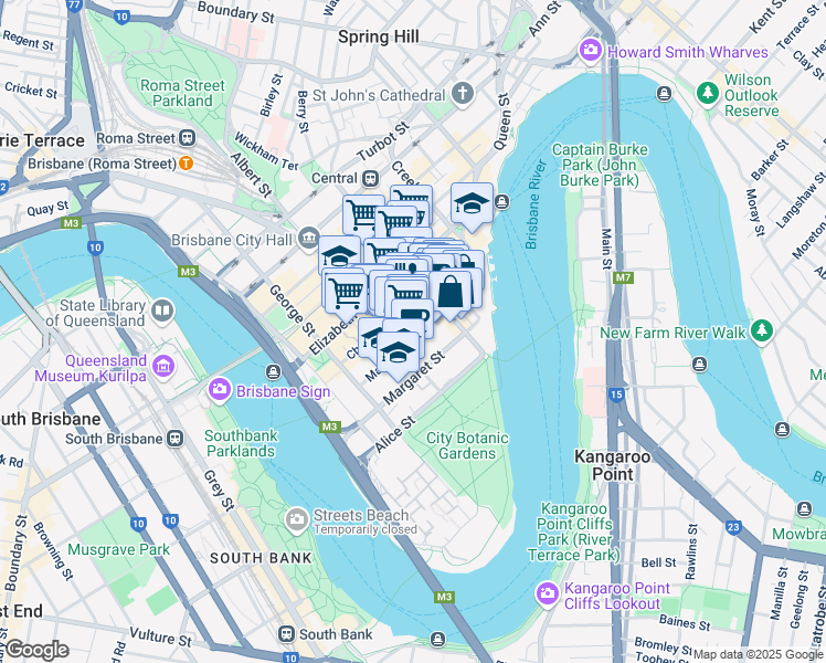 map of restaurants, bars, coffee shops, grocery stores, and more near 120 Mary Street in Brisbane City