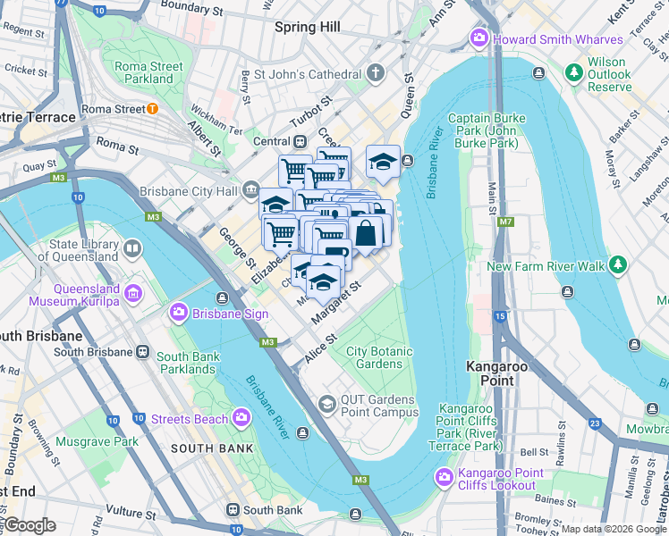 map of restaurants, bars, coffee shops, grocery stores, and more near 120 Mary Street in Brisbane City