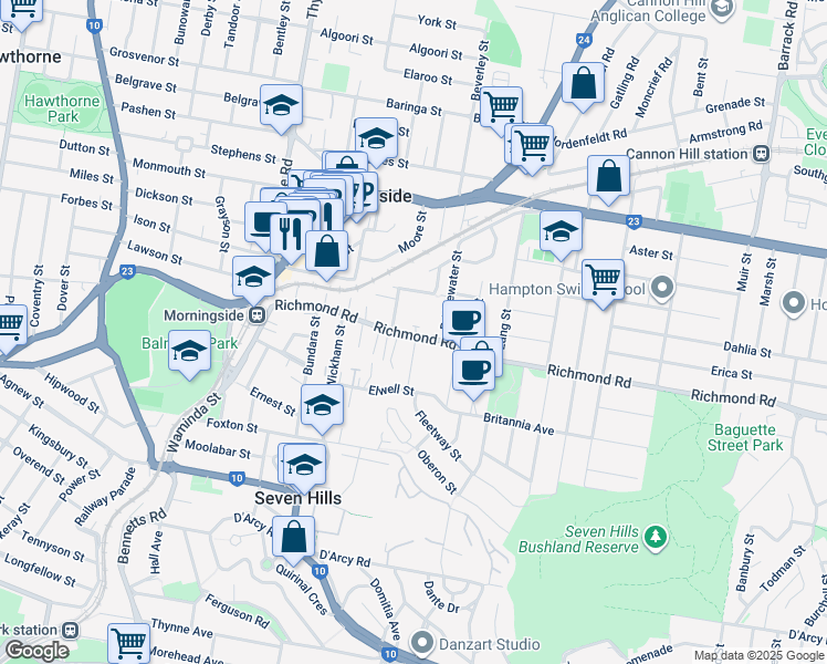 map of restaurants, bars, coffee shops, grocery stores, and more near 108 Richmond Road in Morningside
