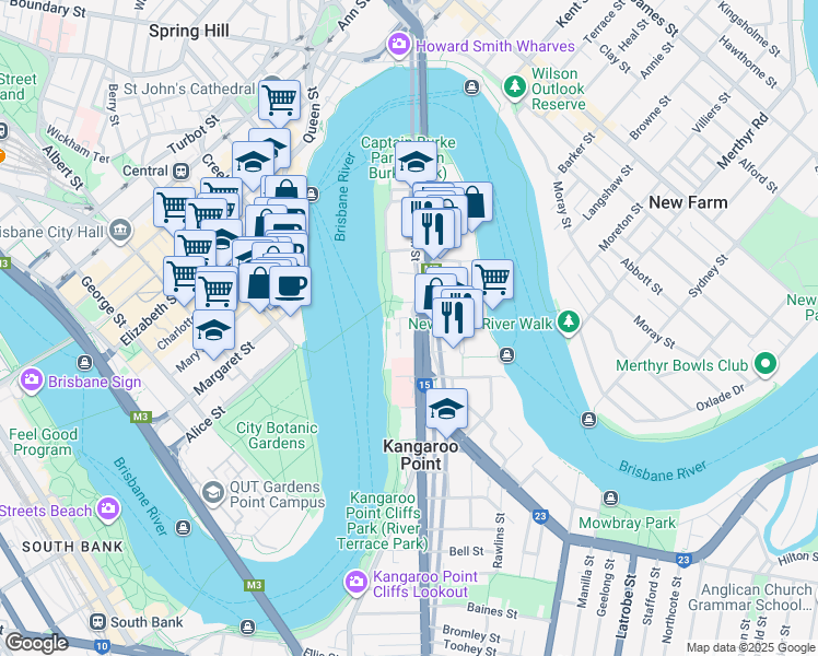 map of restaurants, bars, coffee shops, grocery stores, and more near 321 Main Street in Kangaroo Point