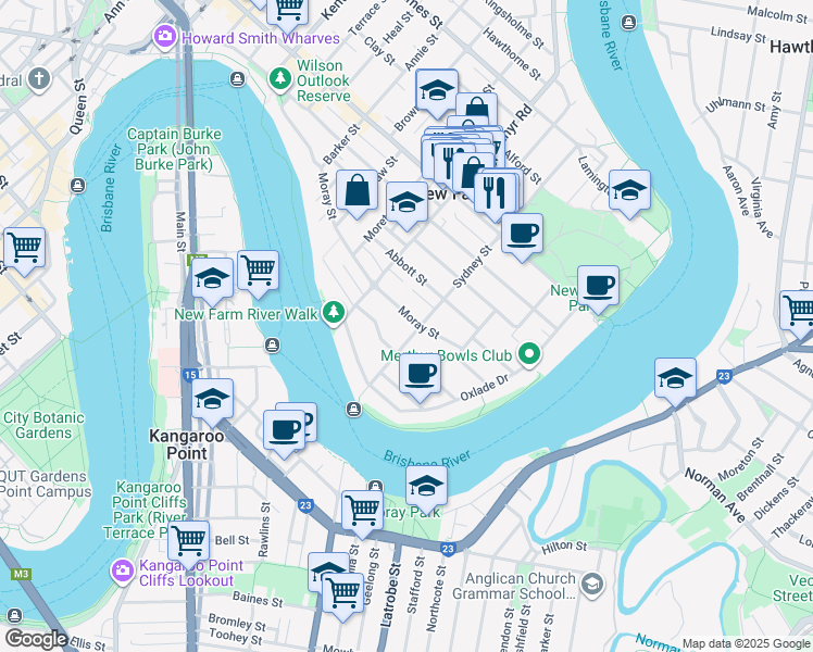 map of restaurants, bars, coffee shops, grocery stores, and more near 205 Moray Street in New Farm