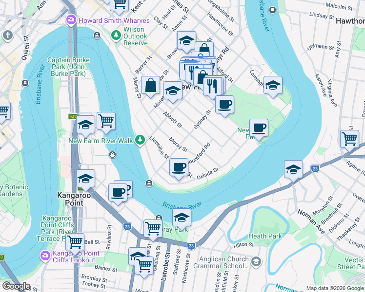 map of restaurants, bars, coffee shops, grocery stores, and more near 212 Moray Street in New Farm