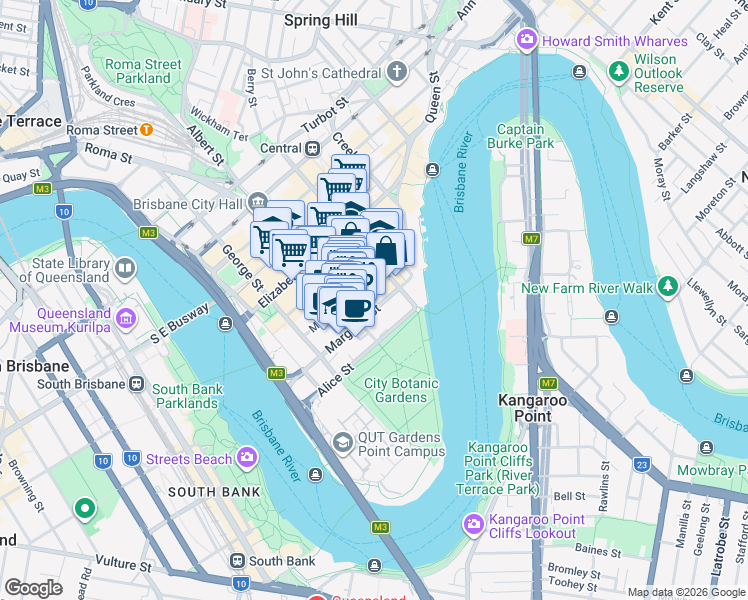 map of restaurants, bars, coffee shops, grocery stores, and more near 222 Margaret Street in Brisbane City