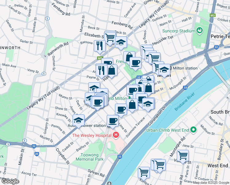 map of restaurants, bars, coffee shops, grocery stores, and more near 363 Milton Road in Auchenflower