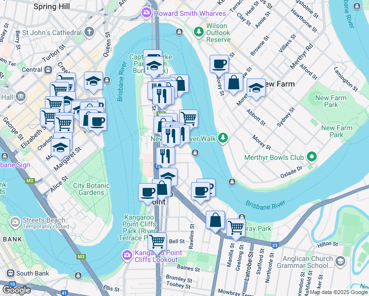 map of restaurants, bars, coffee shops, grocery stores, and more near 44 Ferry Street in Kangaroo Point