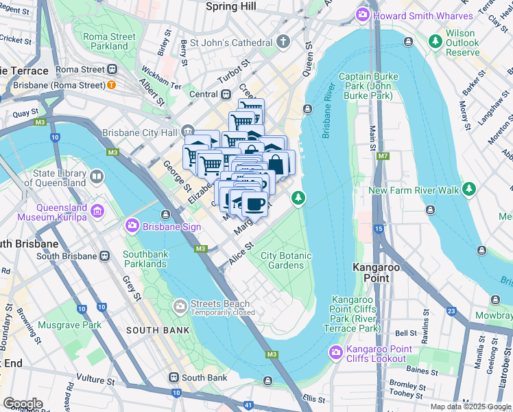 map of restaurants, bars, coffee shops, grocery stores, and more near 53 Albert Street in Brisbane