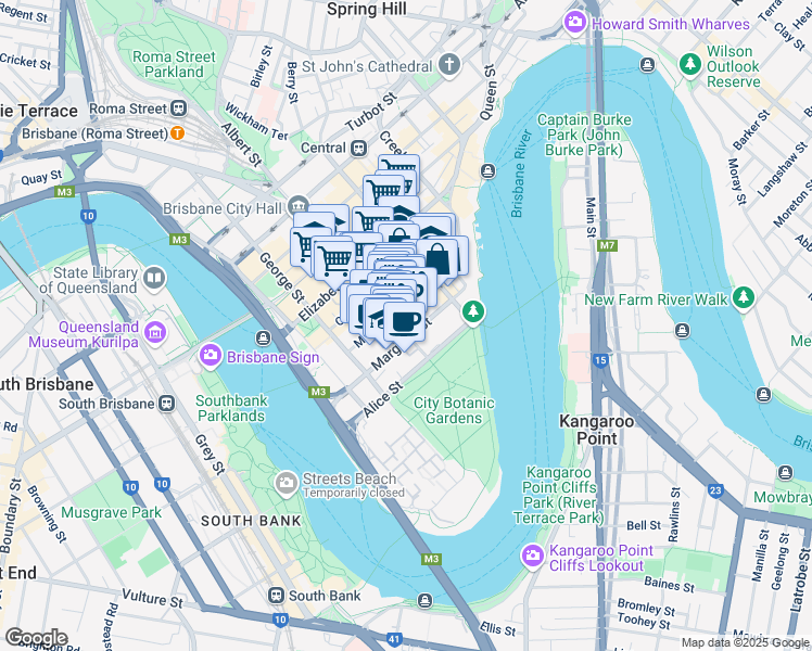 map of restaurants, bars, coffee shops, grocery stores, and more near 137 Margaret Street in Brisbane City