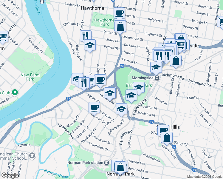 map of restaurants, bars, coffee shops, grocery stores, and more near 303 Wynnum Road in Norman Park