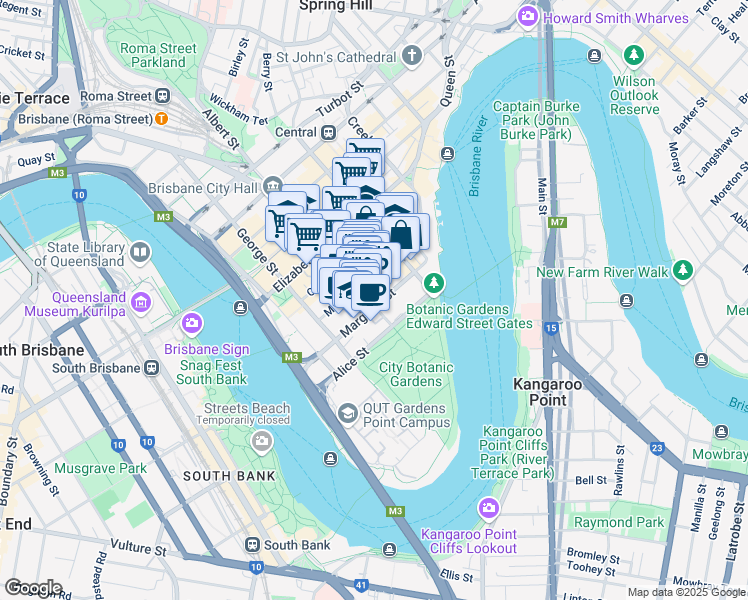 map of restaurants, bars, coffee shops, grocery stores, and more near 53 Albert Street in Brisbane