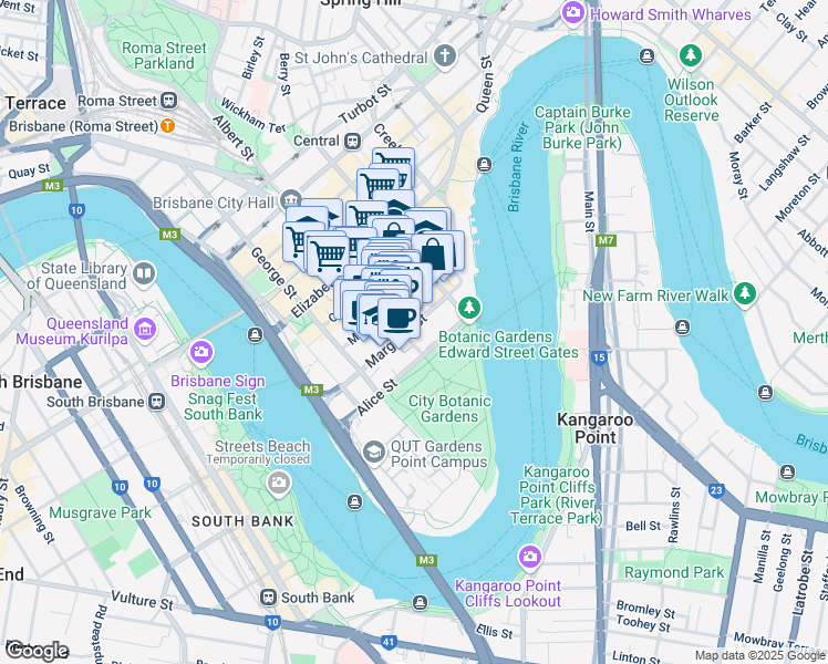 map of restaurants, bars, coffee shops, grocery stores, and more near 137 Margaret Street in Brisbane City