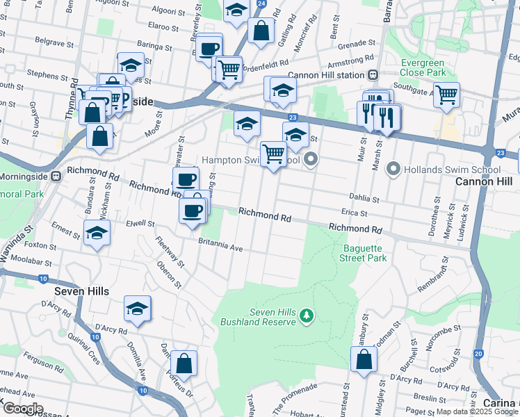 map of restaurants, bars, coffee shops, grocery stores, and more near 224 Richmond Road in Morningside