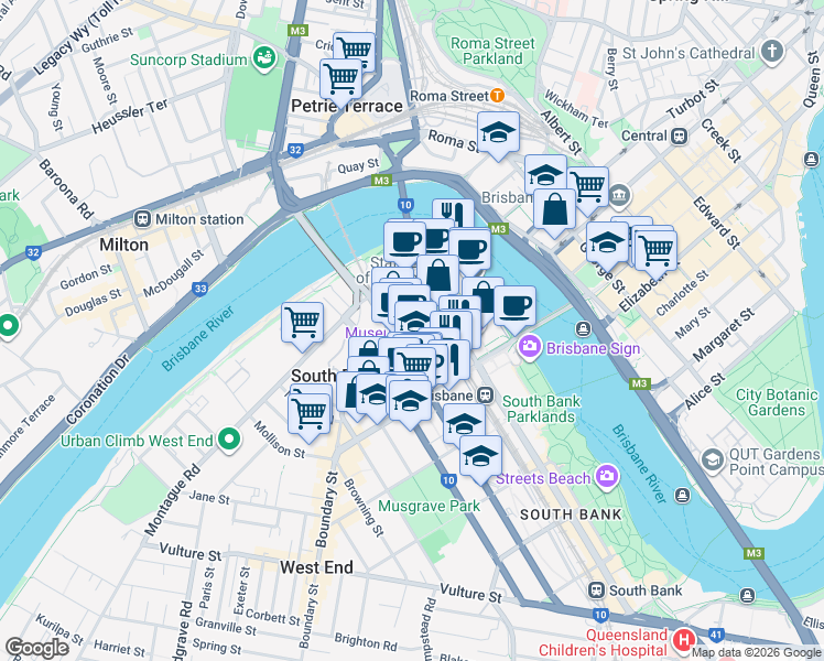 map of restaurants, bars, coffee shops, grocery stores, and more near 35 Peel Street in South Brisbane