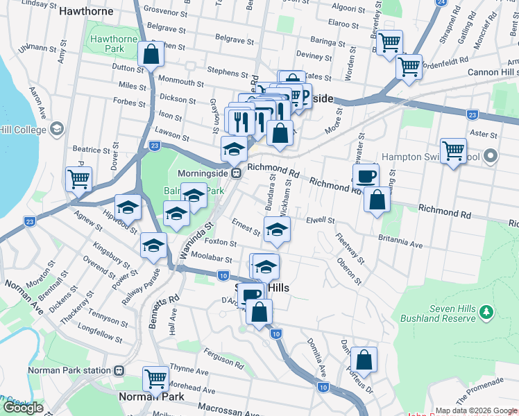 map of restaurants, bars, coffee shops, grocery stores, and more near 39 Horsington Street in Morningside
