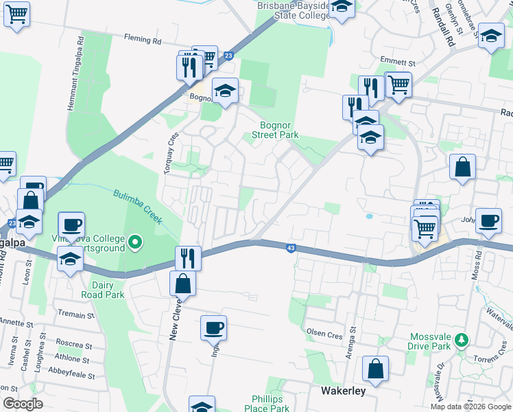 map of restaurants, bars, coffee shops, grocery stores, and more near 583 Wondall Road in Tingalpa