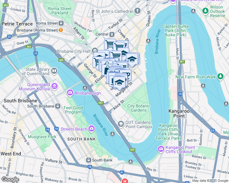 map of restaurants, bars, coffee shops, grocery stores, and more near 21 Mary Street in Brisbane City