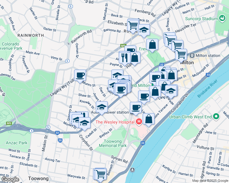 map of restaurants, bars, coffee shops, grocery stores, and more near 17 Munro Street in Auchenflower