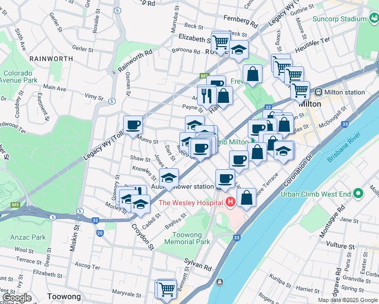 map of restaurants, bars, coffee shops, grocery stores, and more near 17B Munro Street in Auchenflower