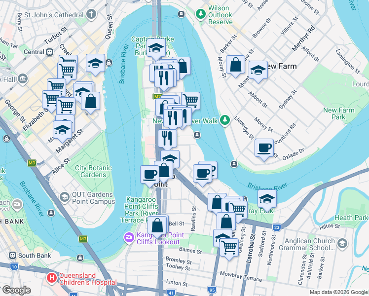 map of restaurants, bars, coffee shops, grocery stores, and more near 1 O'Connell Street in Kangaroo Point