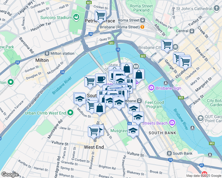 map of restaurants, bars, coffee shops, grocery stores, and more near 8 Cordelia Street in South Brisbane