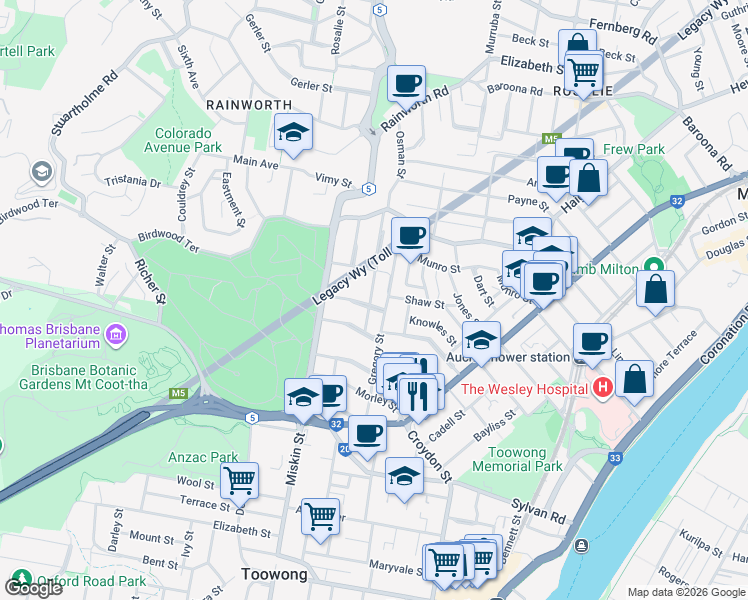 map of restaurants, bars, coffee shops, grocery stores, and more near 42 Thorpe Street in Auchenflower