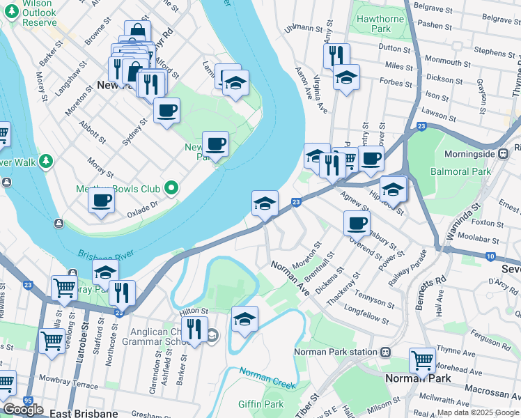 map of restaurants, bars, coffee shops, grocery stores, and more near 90 Wynnum Road in Norman Park