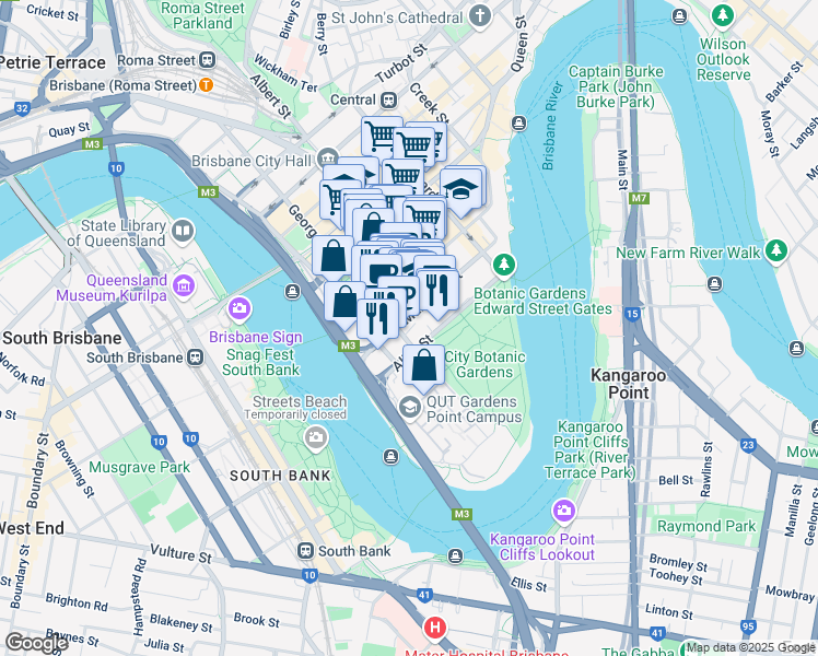 map of restaurants, bars, coffee shops, grocery stores, and more near 29 George Street in Brisbane City