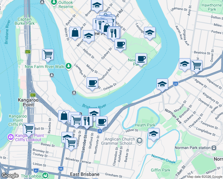 map of restaurants, bars, coffee shops, grocery stores, and more near 88 Oxlade Drive in New Farm