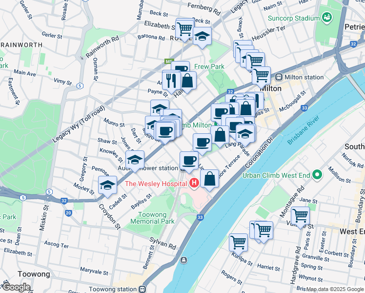 map of restaurants, bars, coffee shops, grocery stores, and more near 11 Grimes Street in Auchenflower