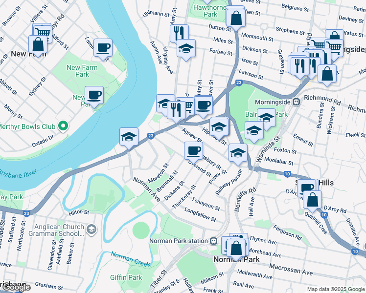 map of restaurants, bars, coffee shops, grocery stores, and more near 39 Kingsbury Street in Norman Park